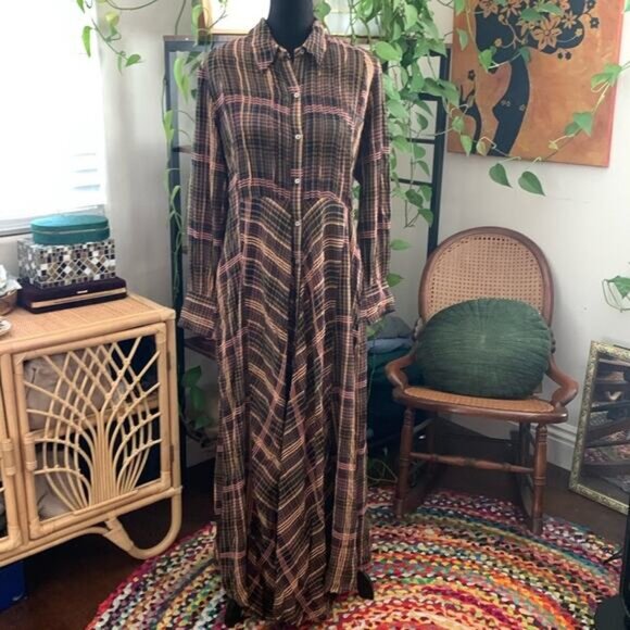 Free People Sadie Dark Plaid Long Sleeve Button Down Maxi Dress - Picture 1 of 7